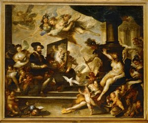 Rubens aan het werk schilderend: De allegorie van de vrede door Luca Giordano